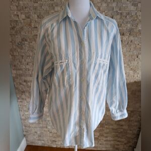Vintage ILIO Blue White Striped 100% Cotton Long Sleeve Button Down Shirt Sz M